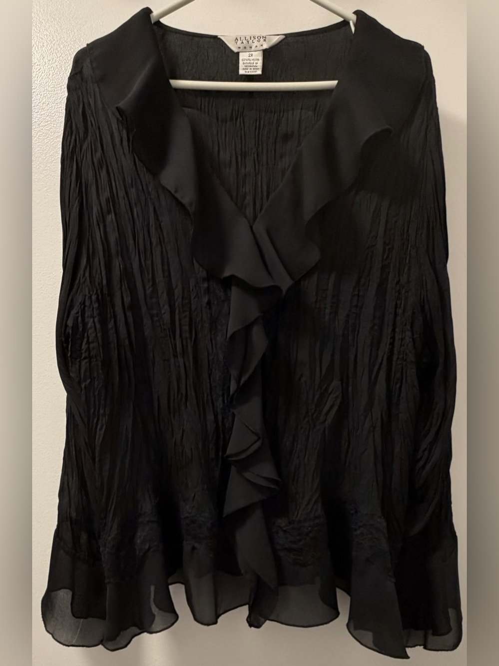 Allison Taylor Woman Black Crinkle Ruffle Front Sheer Blouse 2X